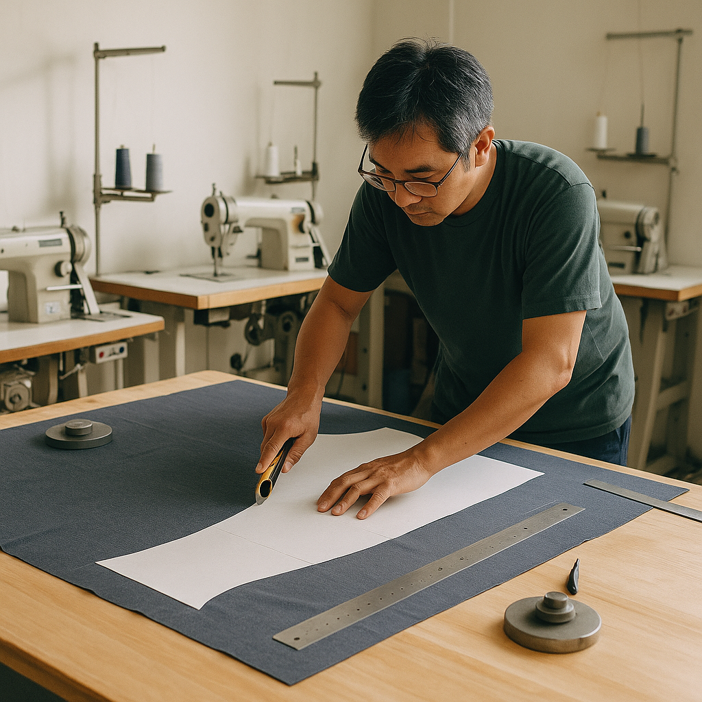 サンプル室での型紙取りと裁断作業の様子